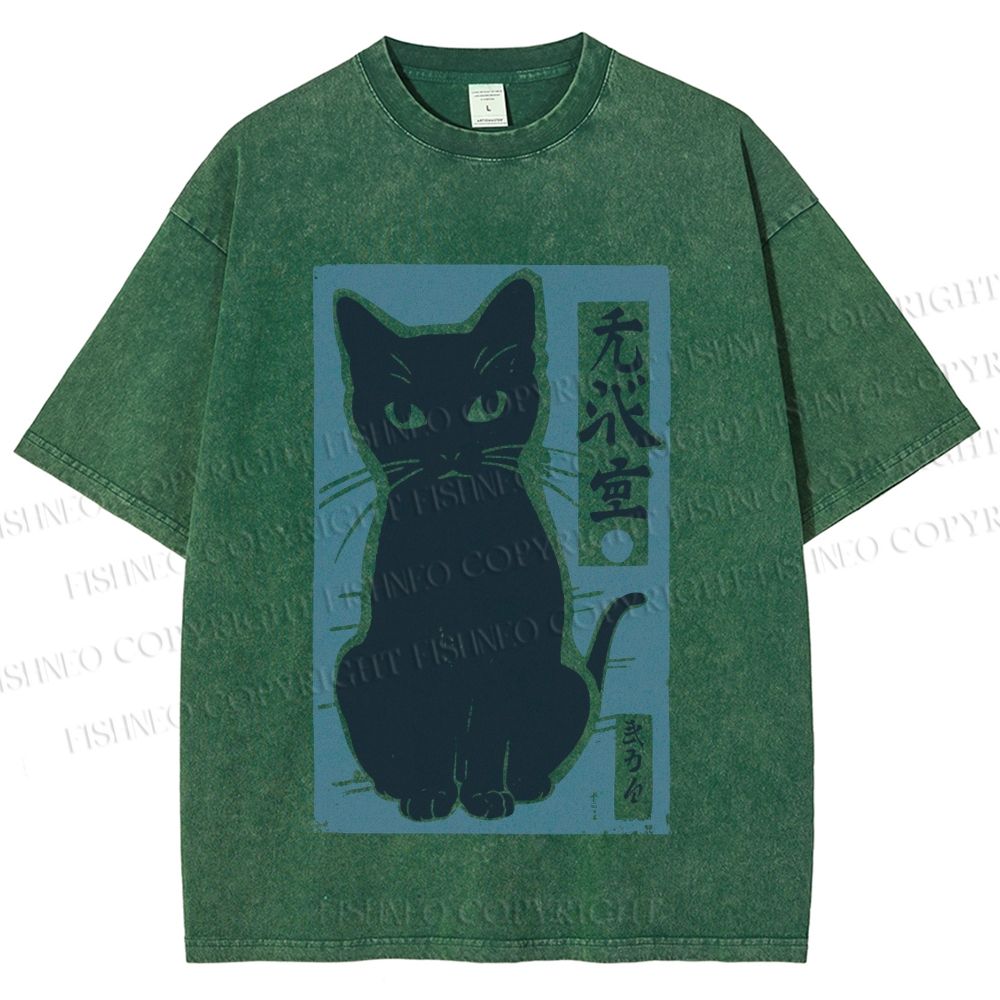 Unisex Vintage Cat Graffiti Printed Washed Tee
