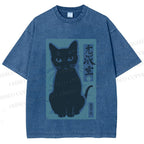 Unisex Vintage Cat Graffiti Printed Washed Tee