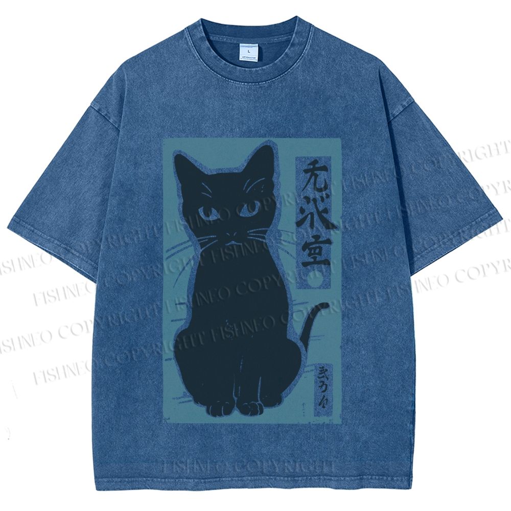 Unisex Vintage Cat Graffiti Printed Washed Tee