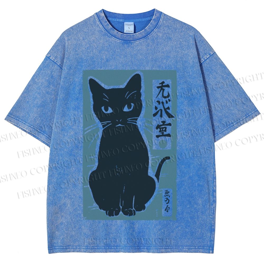 Unisex Vintage Cat Graffiti Printed Washed Tee