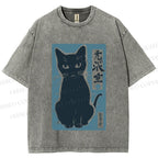 Unisex Vintage Cat Graffiti Printed Washed Tee
