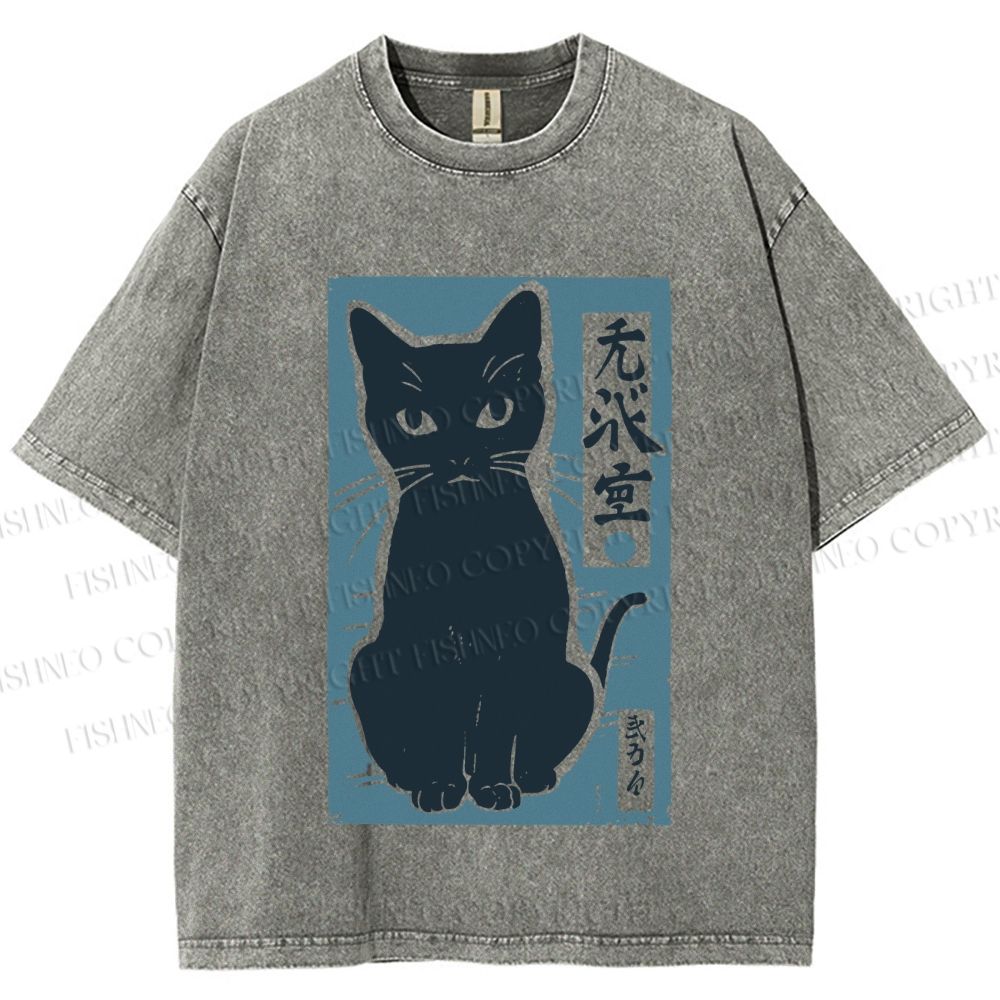 Unisex Vintage Cat Graffiti Printed Washed Tee