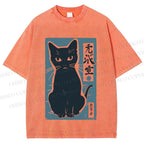 Unisex Vintage Cat Graffiti Printed Washed Tee