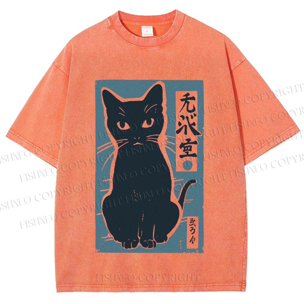 Unisex Vintage Cat Graffiti Printed Washed Tee