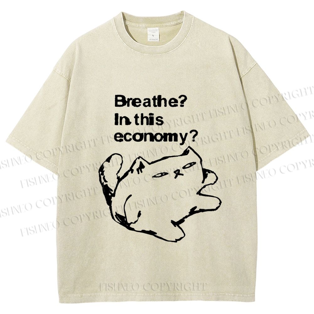 Unisex Breathe in this economy Cat Printed Washed Tee
