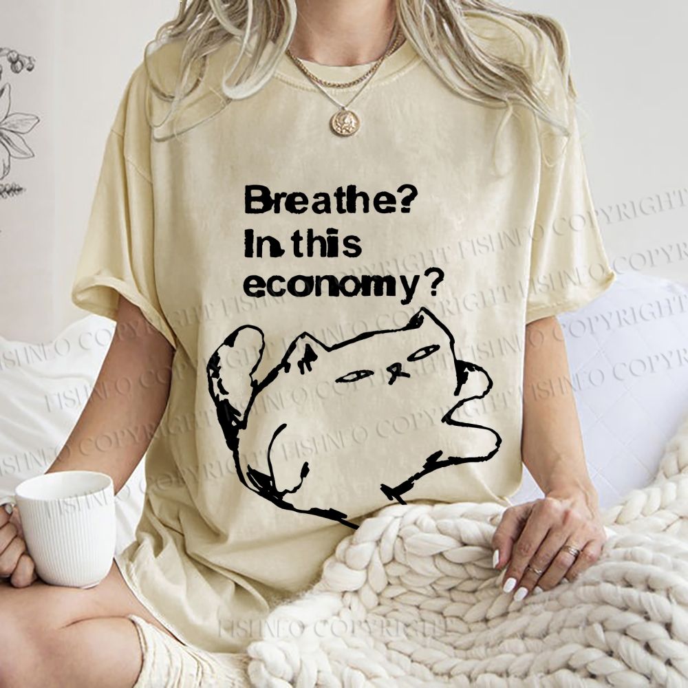 Unisex Breathe in this economy Cat Printed Washed Tee