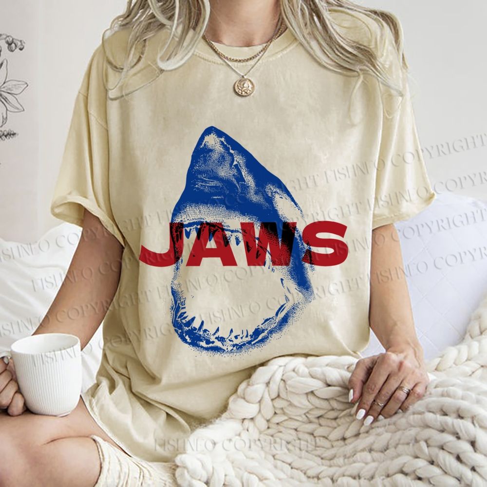 Unisex Vintage Shark Jaws Printed Washed Tee