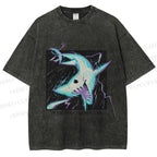 Unisex Electric Shark Printed Washed Tee