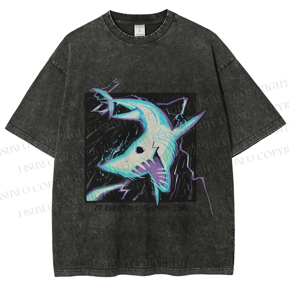 Unisex Electric Shark Printed Washed Tee