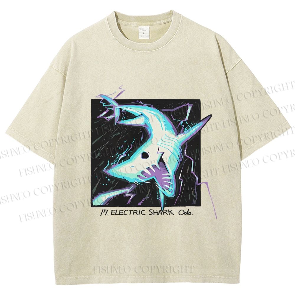 Unisex Electric Shark Printed Washed Tee