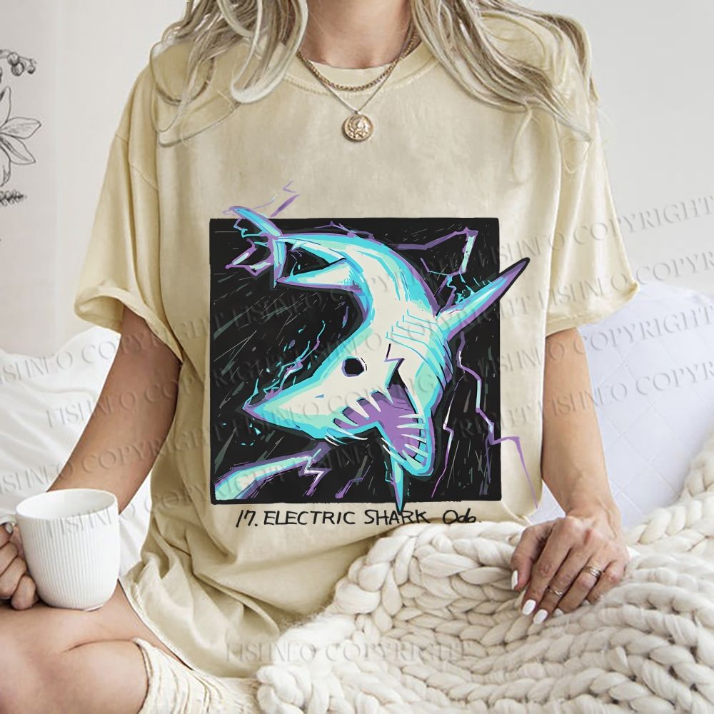 Unisex Electric Shark Printed Washed Tee