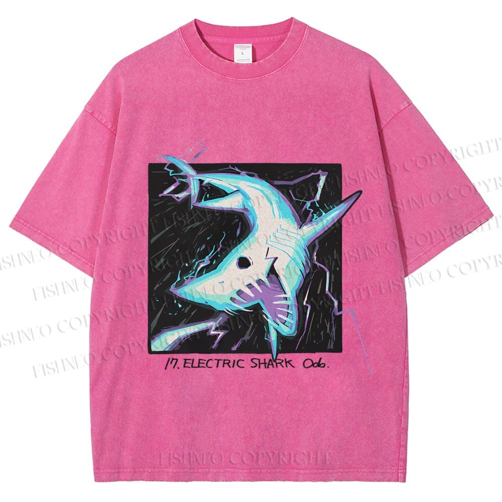 Unisex Electric Shark Printed Washed Tee