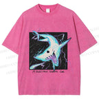 Unisex Electric Shark Printed Washed Tee