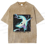 Unisex Electric Shark Printed Washed Tee