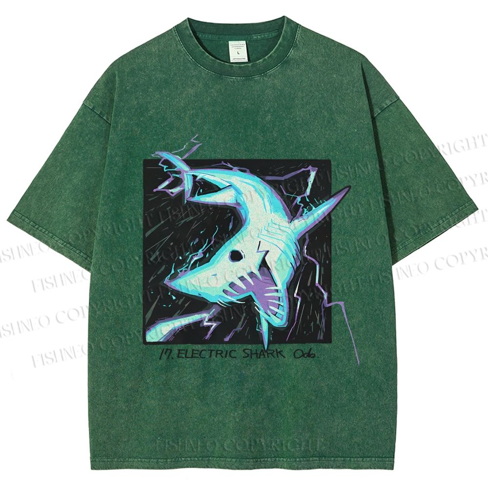 Unisex Electric Shark Printed Washed Tee