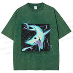 Unisex Electric Shark Printed Washed Tee