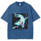 Unisex Electric Shark Printed Washed Tee