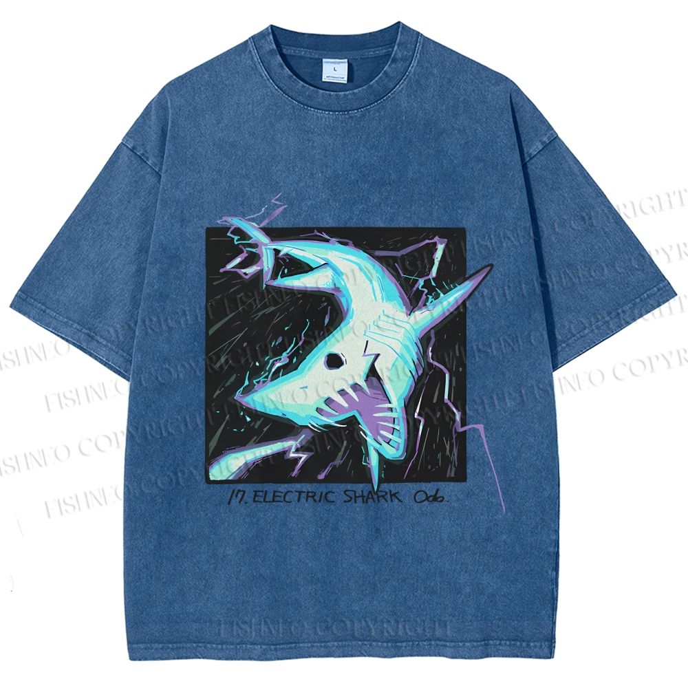 Unisex Electric Shark Printed Washed Tee