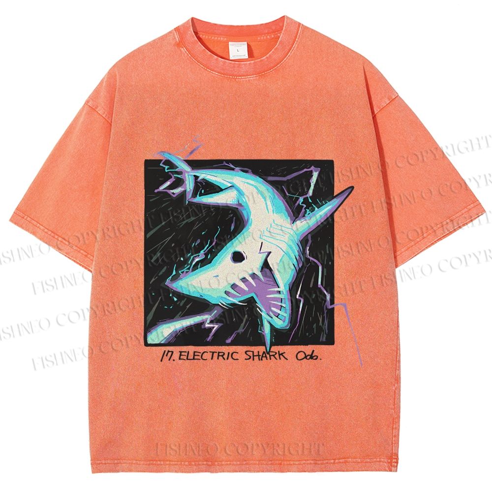 Unisex Electric Shark Printed Washed Tee