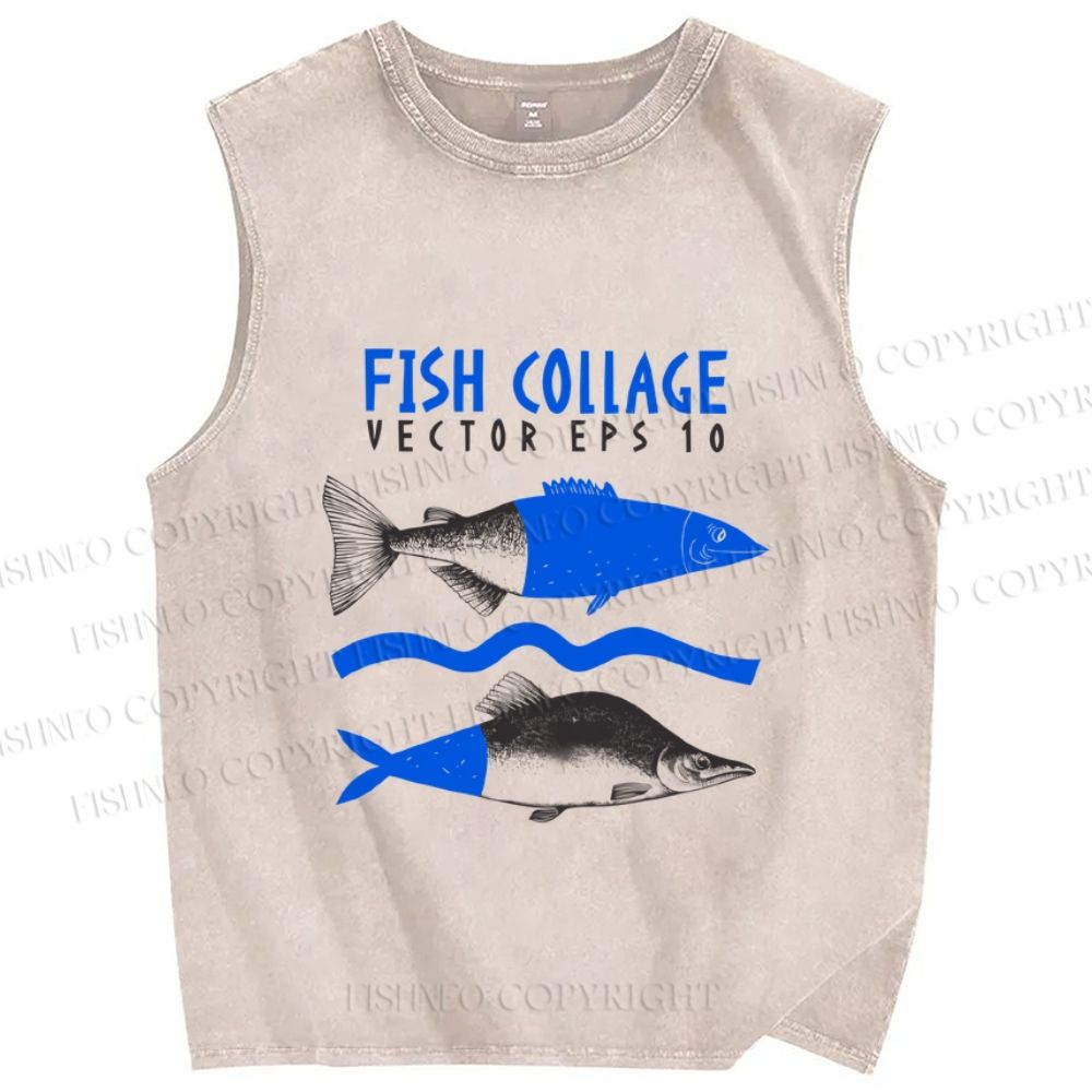 Unisex Sardine Fish Collage Printed Washed Tank Top