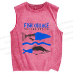 Unisex Sardine Fish Collage Printed Washed Tank Top