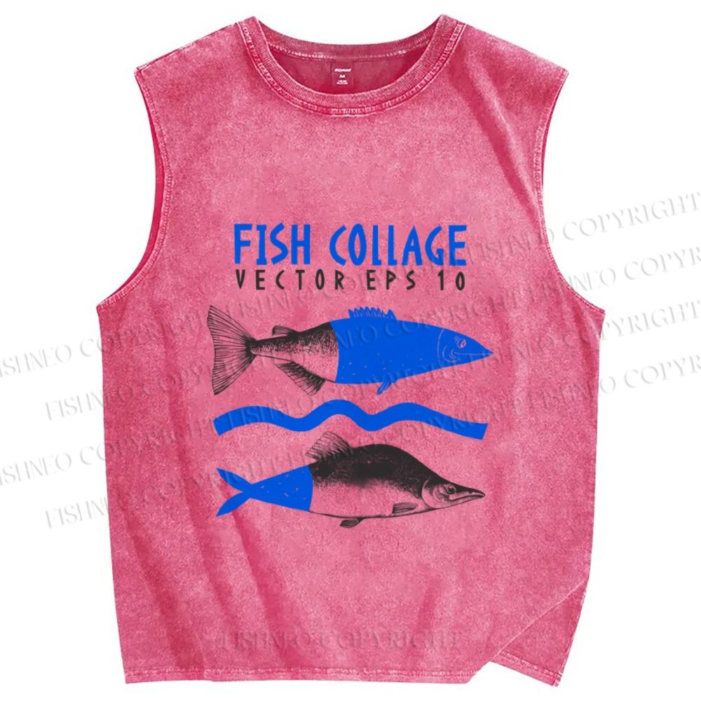 Unisex Sardine Fish Collage Printed Washed Tank Top