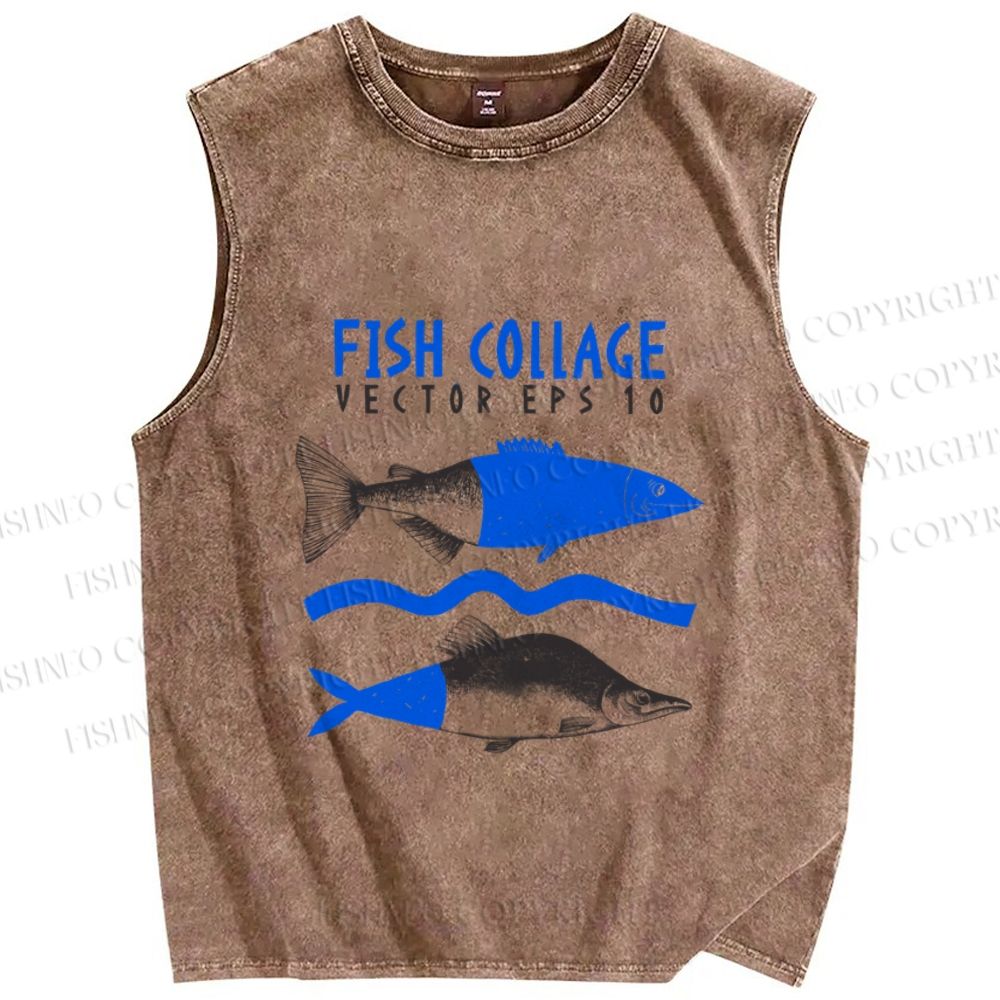 Unisex Sardine Fish Collage Printed Washed Tank Top