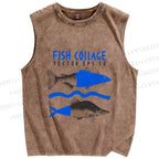 Unisex Sardine Fish Collage Printed Washed Tank Top