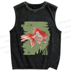 Unisex Vintage Koi Fish Printed Washed Tank Top