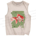 Unisex Vintage Koi Fish Printed Washed Tank Top