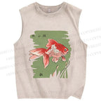 Unisex Vintage Koi Fish Printed Washed Tank Top