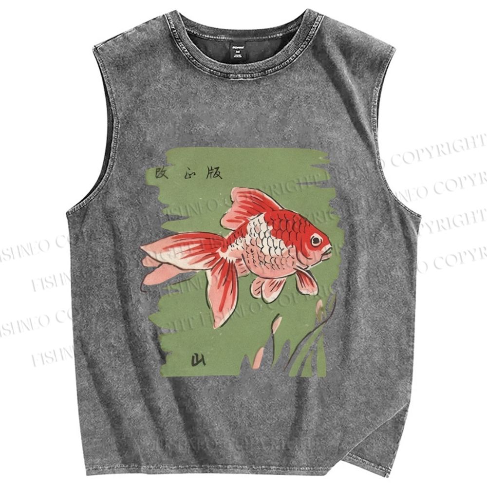 Unisex Vintage Koi Fish Printed Washed Tank Top