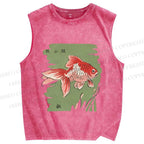 Unisex Vintage Koi Fish Printed Washed Tank Top