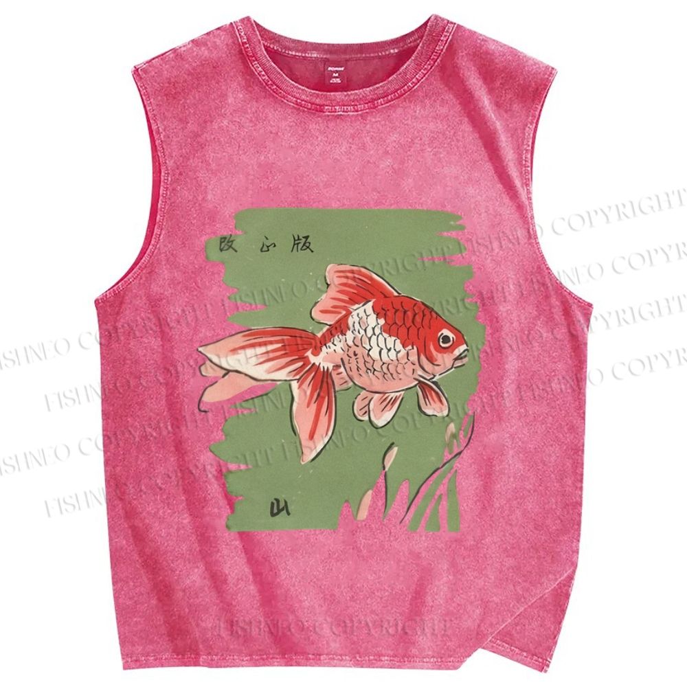 Unisex Vintage Koi Fish Printed Washed Tank Top