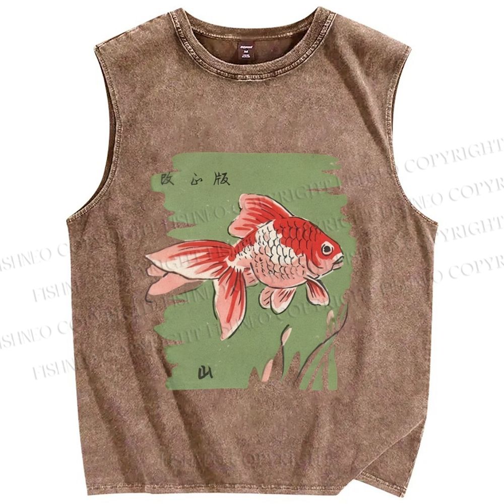 Unisex Vintage Koi Fish Printed Washed Tank Top