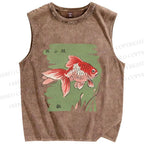 Unisex Vintage Koi Fish Printed Washed Tank Top