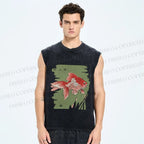 Unisex Vintage Koi Fish Printed Washed Tank Top