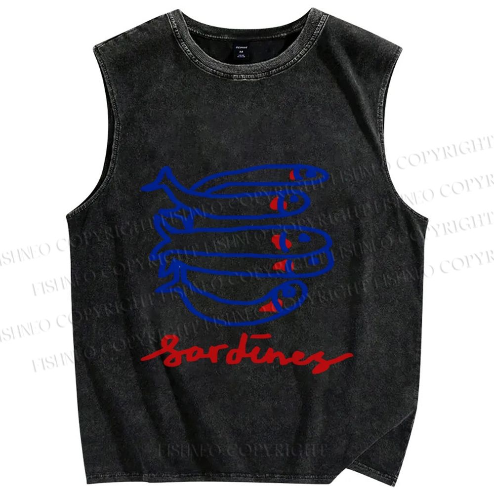 Unisex Cute Sardine Fish Printed Washed Tank Top