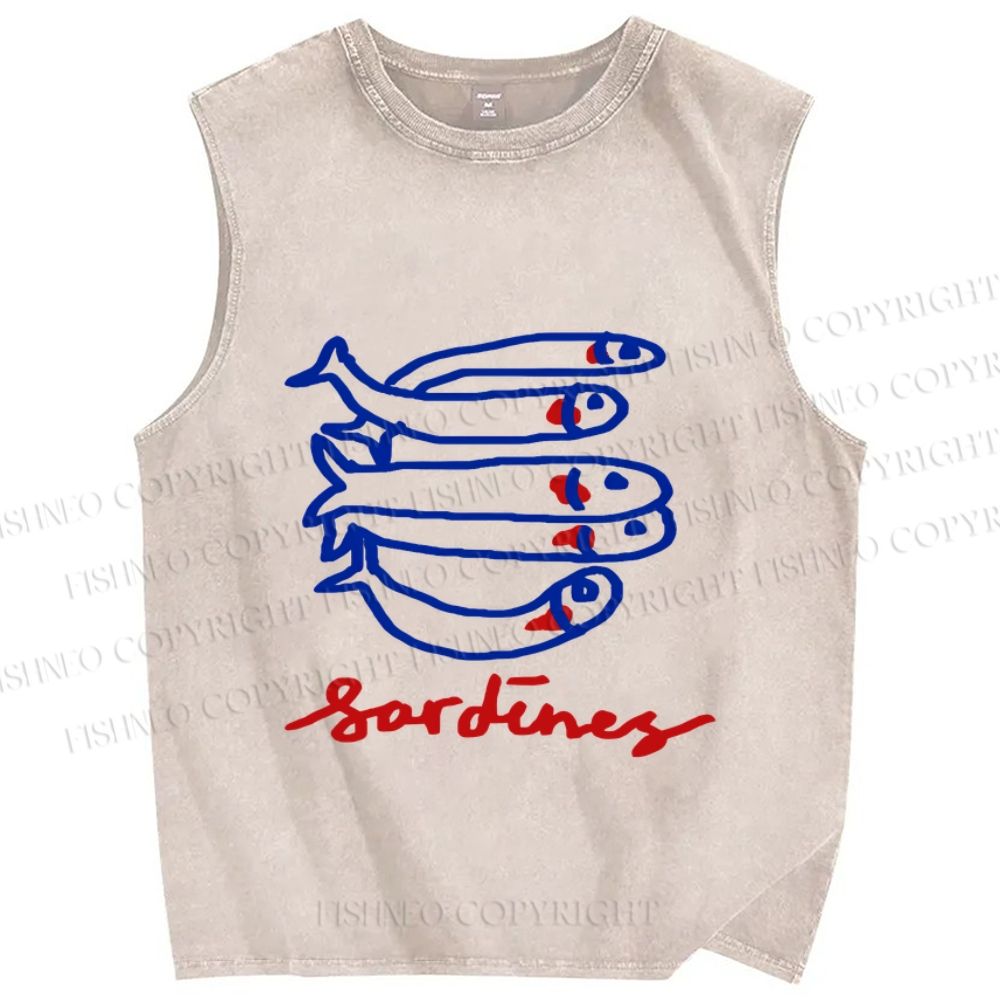 Unisex Cute Sardine Fish Printed Washed Tank Top