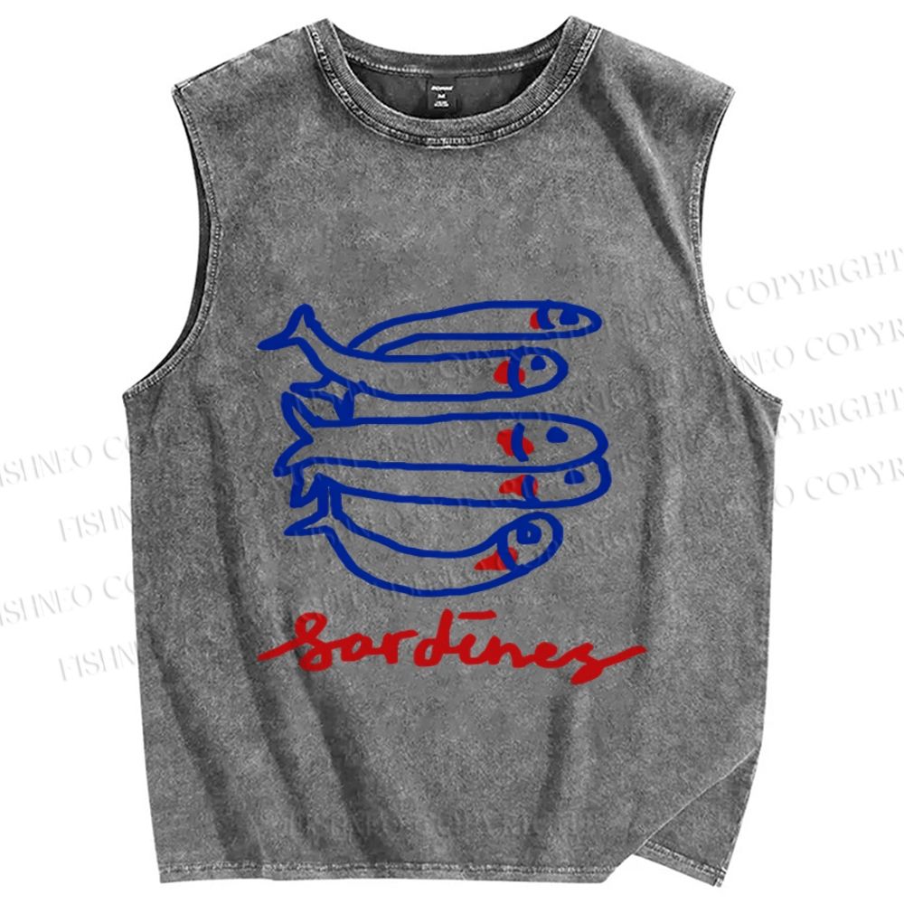 Unisex Cute Sardine Fish Printed Washed Tank Top