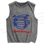 Unisex Cute Sardine Fish Printed Washed Tank Top