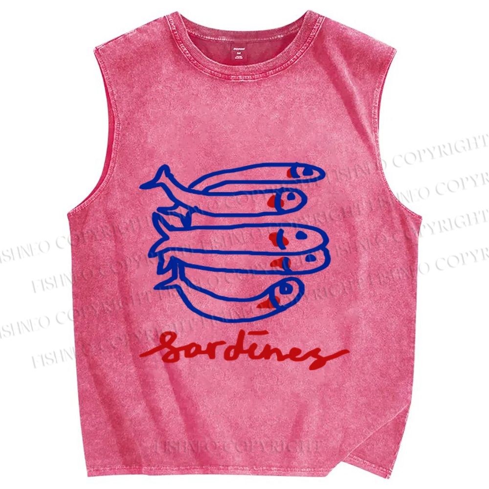 Unisex Cute Sardine Fish Printed Washed Tank Top