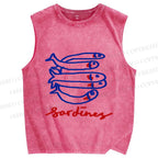 Unisex Cute Sardine Fish Printed Washed Tank Top