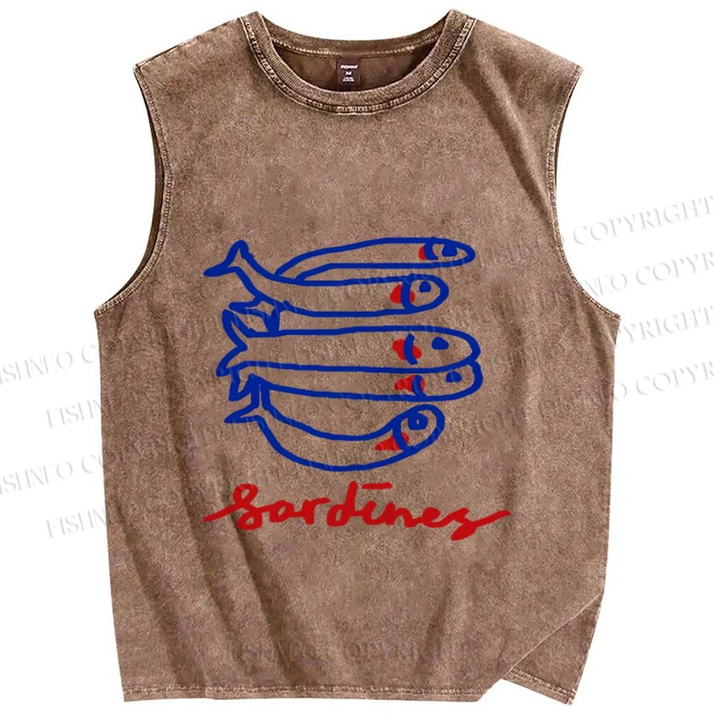 Unisex Cute Sardine Fish Printed Washed Tank Top