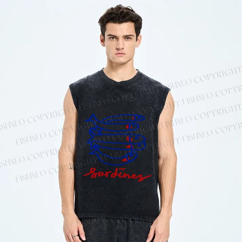 Unisex Cute Sardine Fish Printed Washed Tank Top
