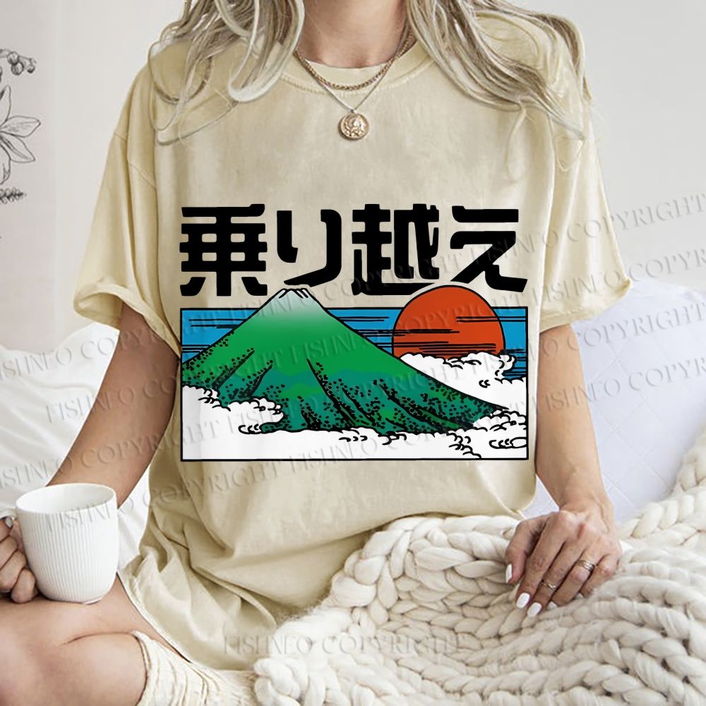 Unisex Japanese Art Mount Fuji Printed Washed Tee