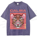 Unisex Calma Pink Leopard Printed Washed Tee