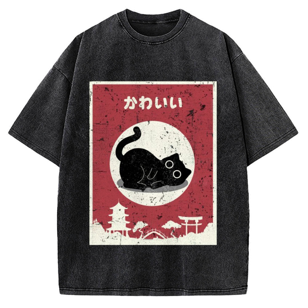 Kawaii Cute Cat Vintage Washed T-shirt