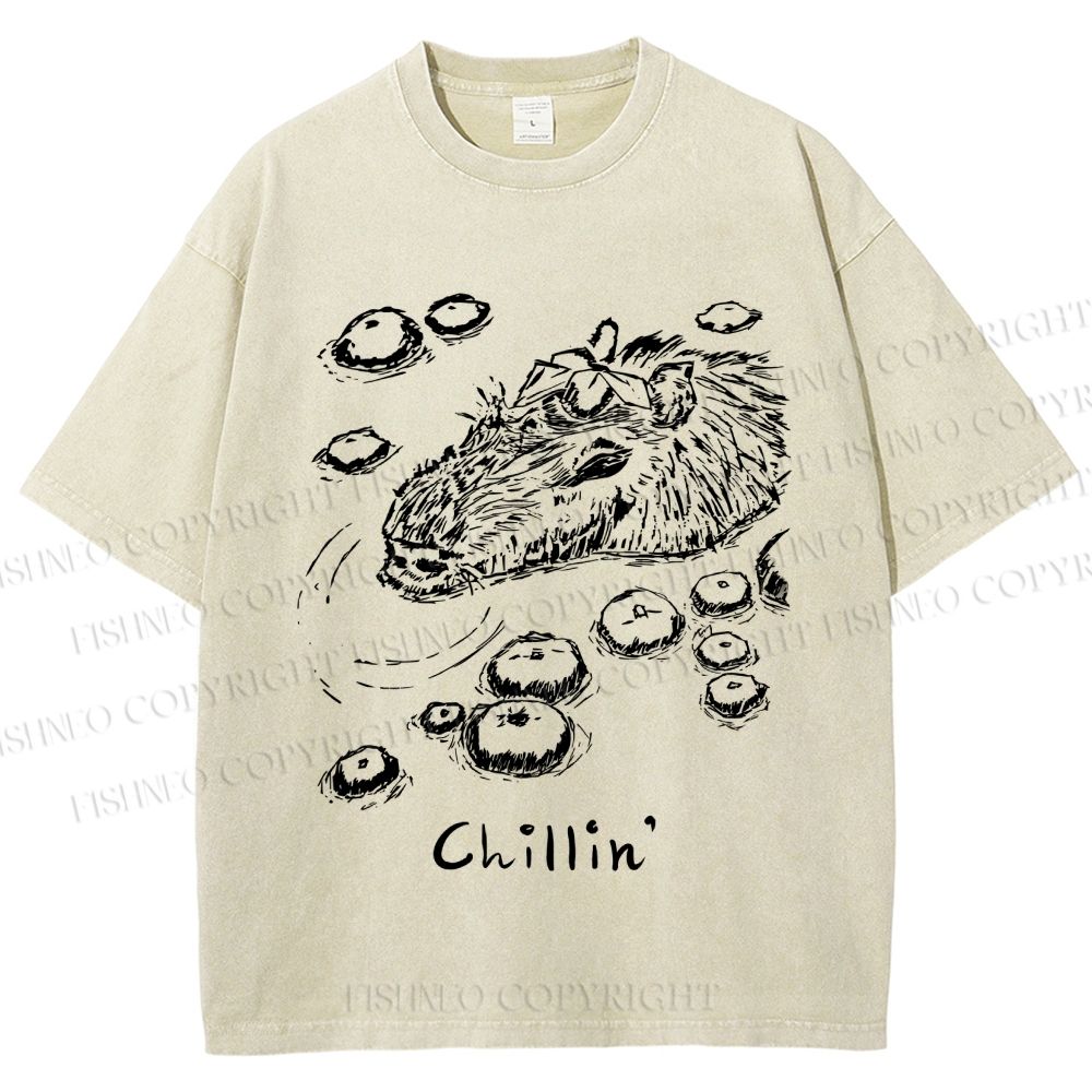 Unisex Vintage Chilling Capybara Printed Washed Tee