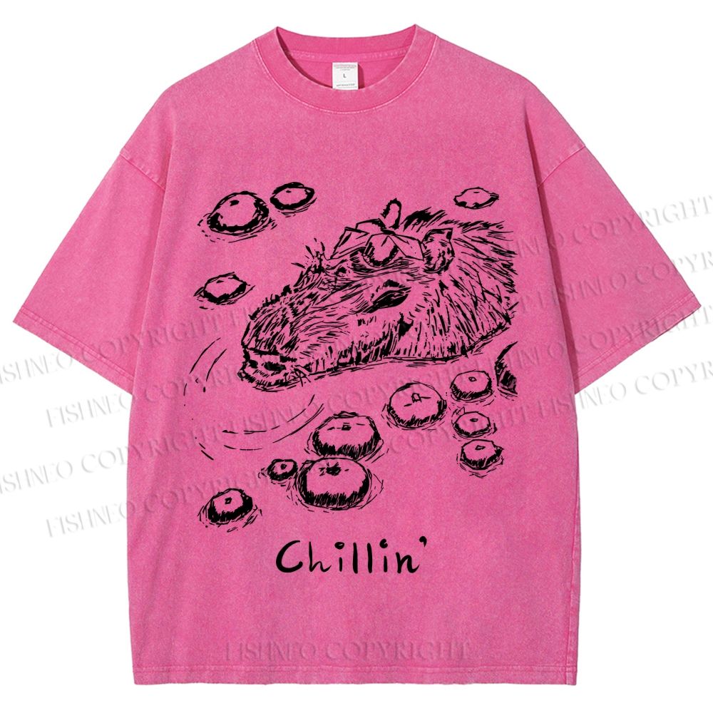Unisex Vintage Chilling Capybara Printed Washed Tee